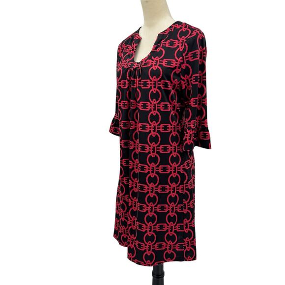 Aryeh Black & Red Geometric Chain Print 3/4 Flounce Sleeve Mini Shift Dress - Picture 2 of 12